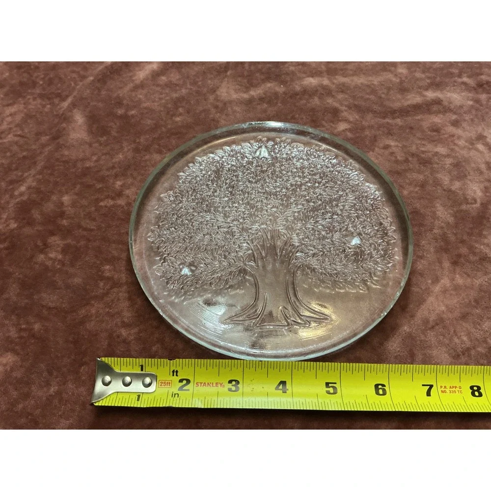 Vintage Clear Glass Tree of Life Round Serving Platter Trivet 7.5 Inch